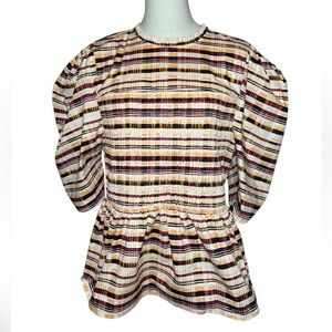 Eloquii Brown Tan Puff Sleeve Smocked Peplum Blouse 18 plus size